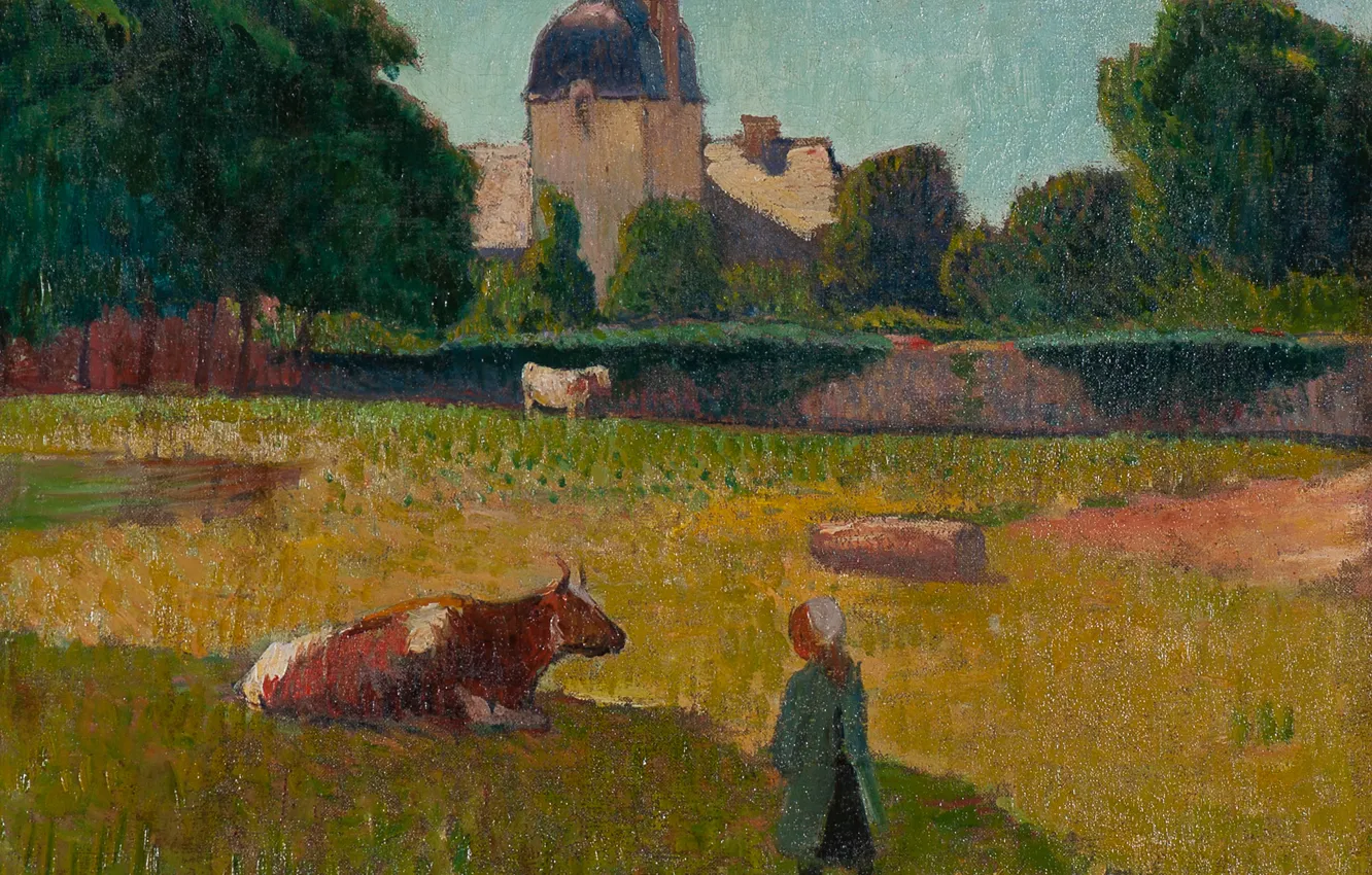 Фото обои деревья, пейзаж, дом, замок, корова, картина, луг, Henri Moret