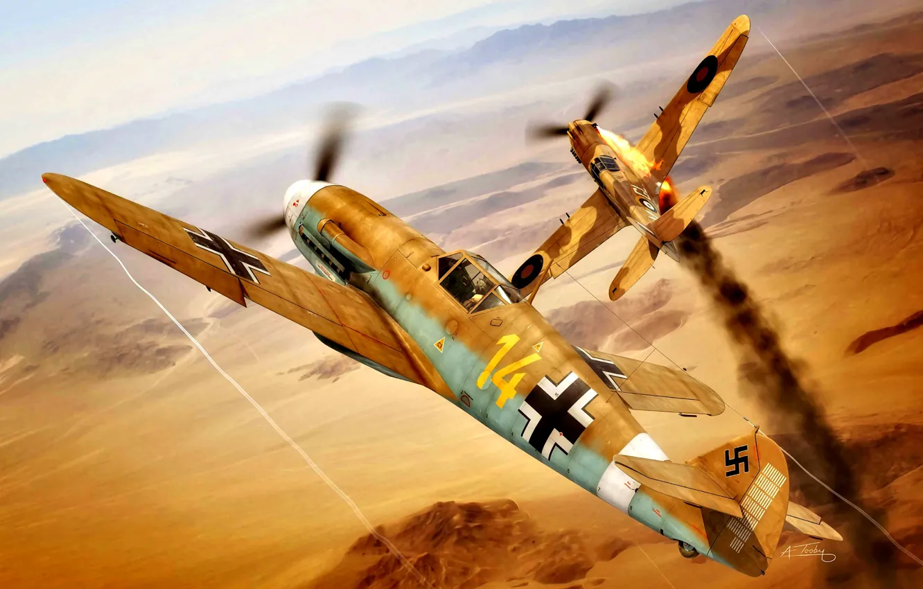 Фото обои Дым, Пустыня, Вторая Мировая война, Северная Африка, P-40 Tomahawk, Bf.109F-4/trop, I./JG27, ''Звезда Африки''