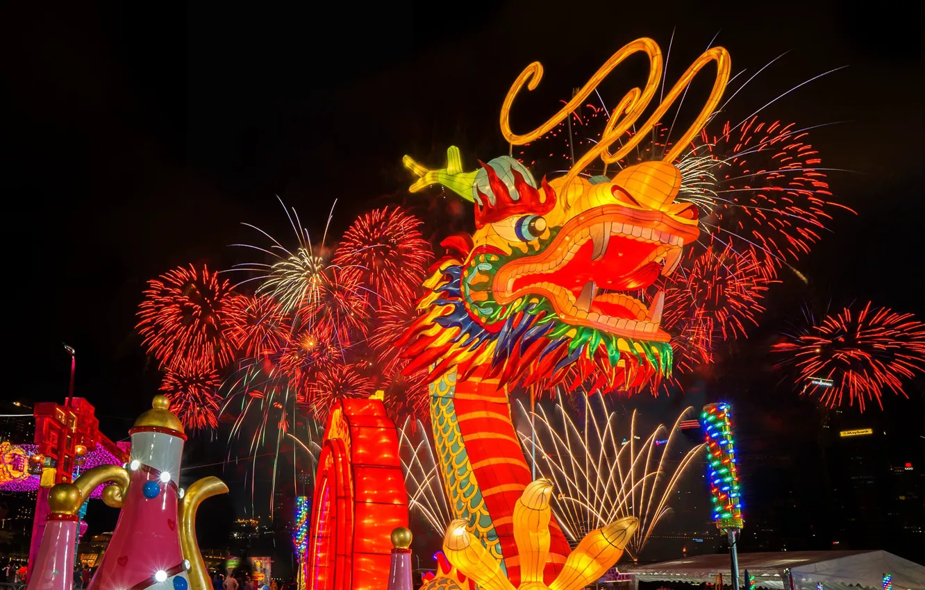 Фото обои дракон, салют, фейерверк, Китайский Новый Год