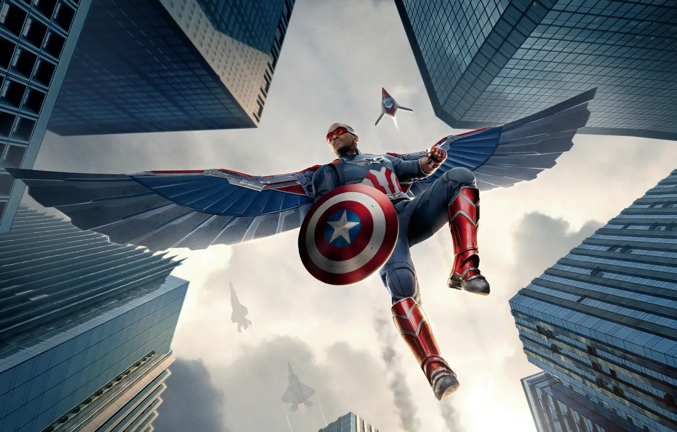 Фото обои костюм, щит, постер, небоскрёбы, комикс, Капитан Америка, Captain America, MARVEL