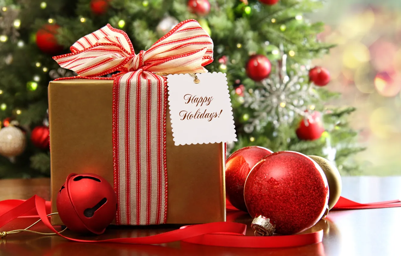 Фото обои шарики, украшения, огни, праздник, рождество, подарки, Новый год, ёлка