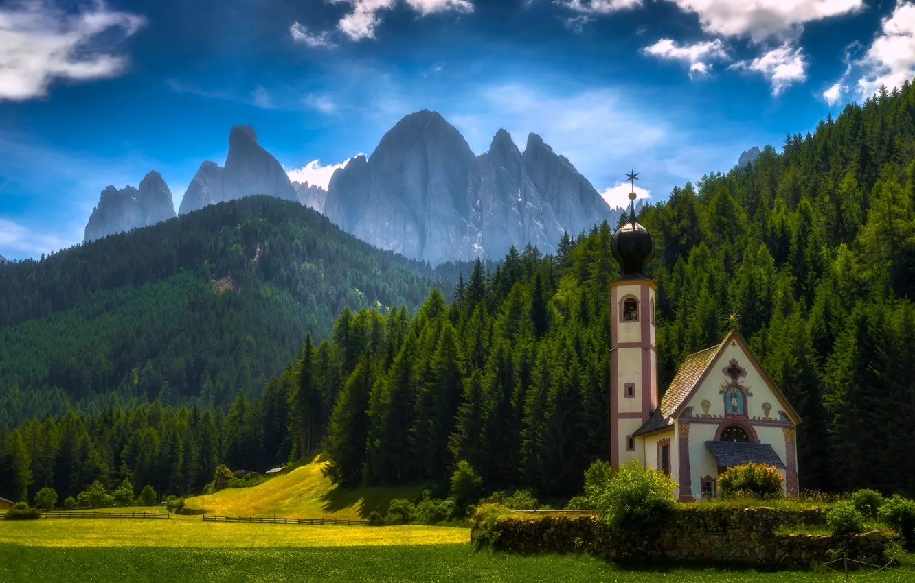 Фото обои лес, горы, луг, Италия, церковь, Italy, Доломитовые Альпы, Южный Тироль