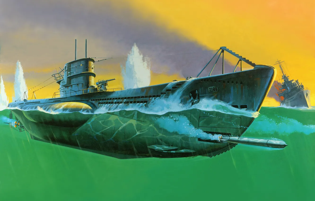 Фото обои рисунок, бой, арт, подводная лодка, U - 99