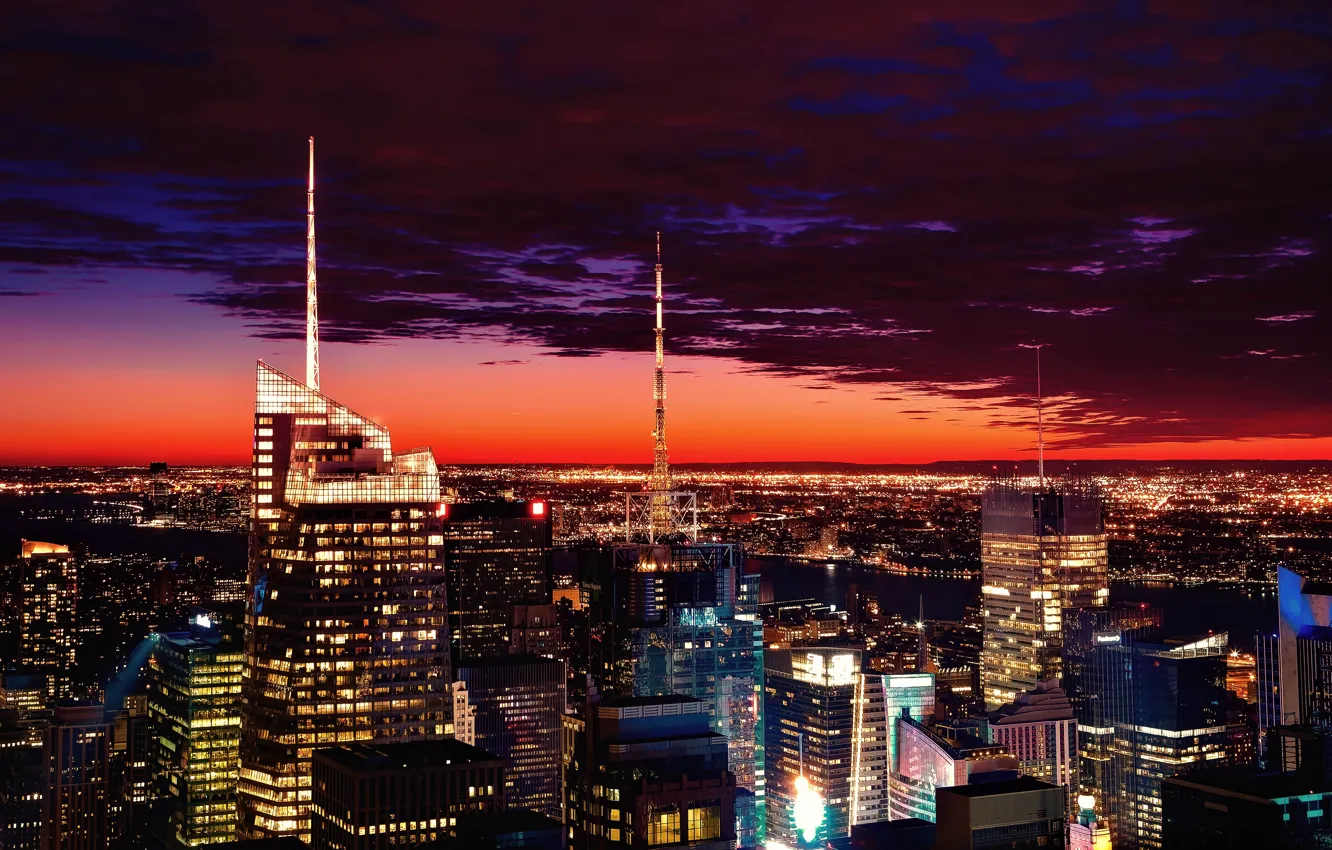 Фото обои city, lights, windows, USA, night, New-York, skycrapers