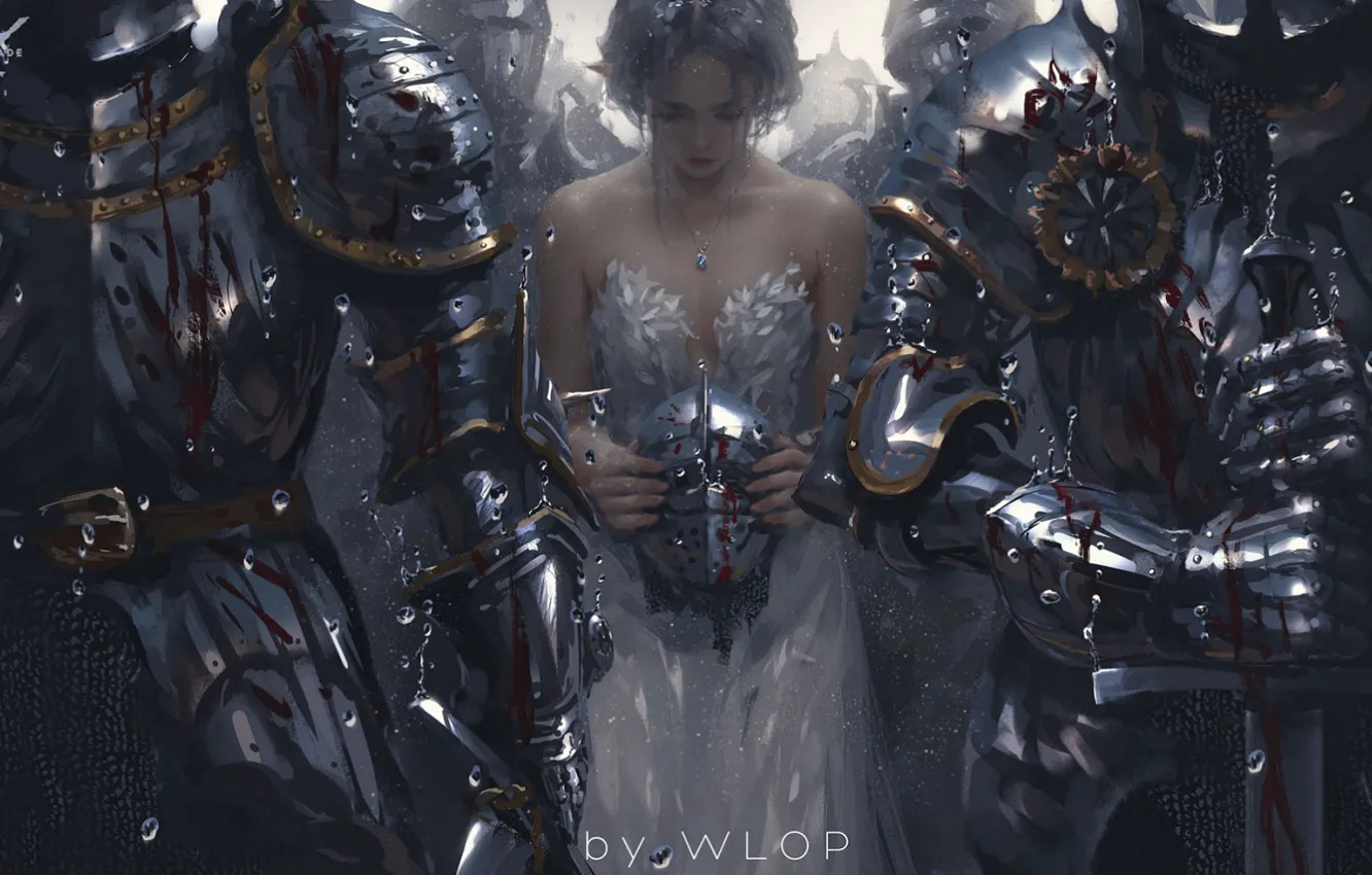 Фото обои дождь, кровь, меч, шлем, белое платье, принцесса, рыцари, скорбь