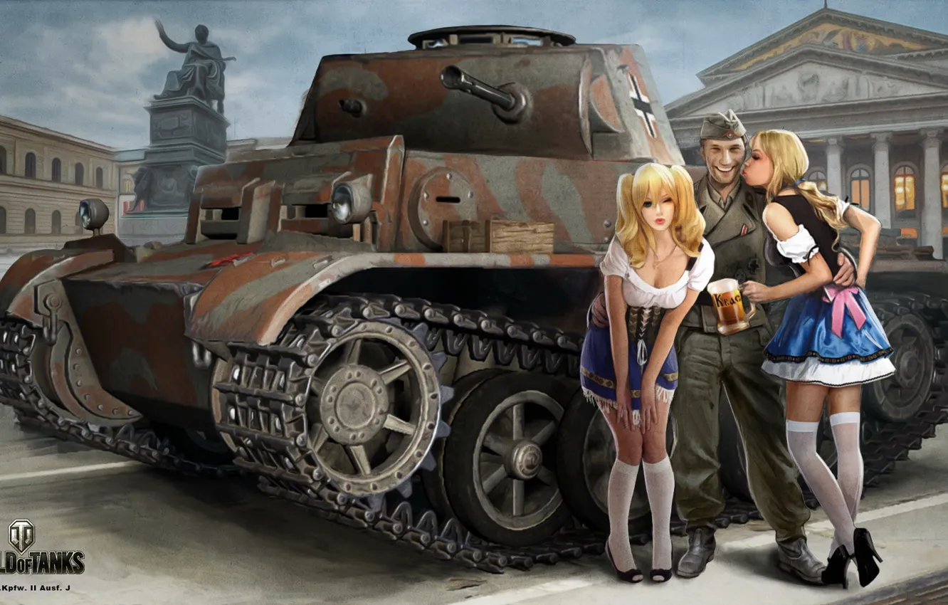 Фото обои город, девушки, рисунок, легкий, пиво, площадь, арт, солдат