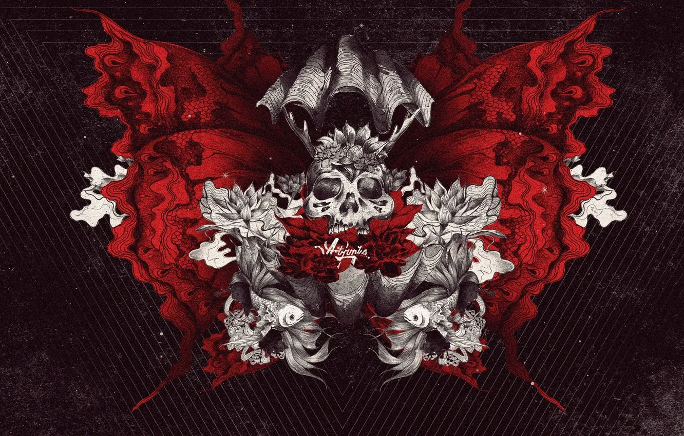 Фото обои wallpaper, skull, red, white, black, art, fish, artjunks