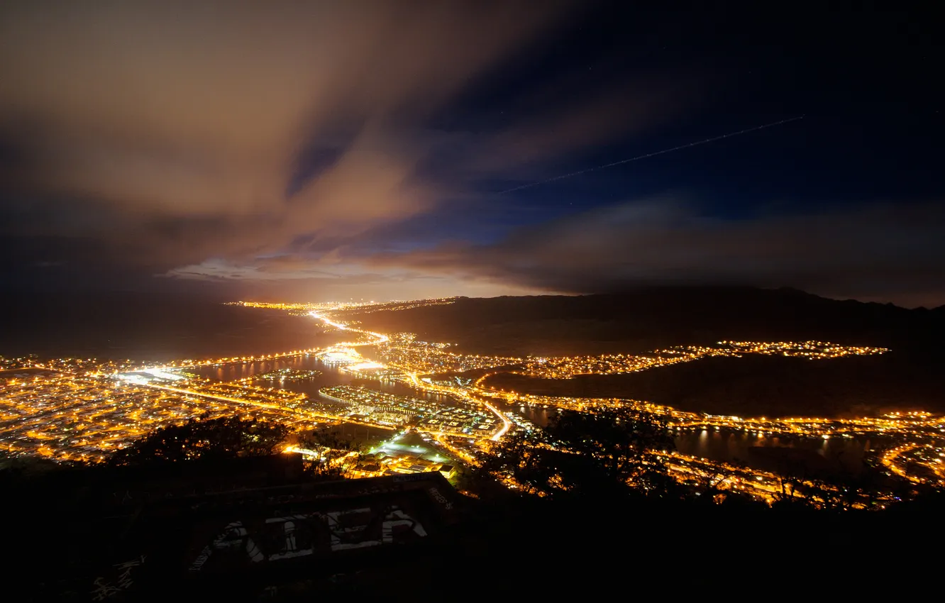 Фото обои ночь, огни, Гавайи, sky, Hawaii, night, clouds, usa