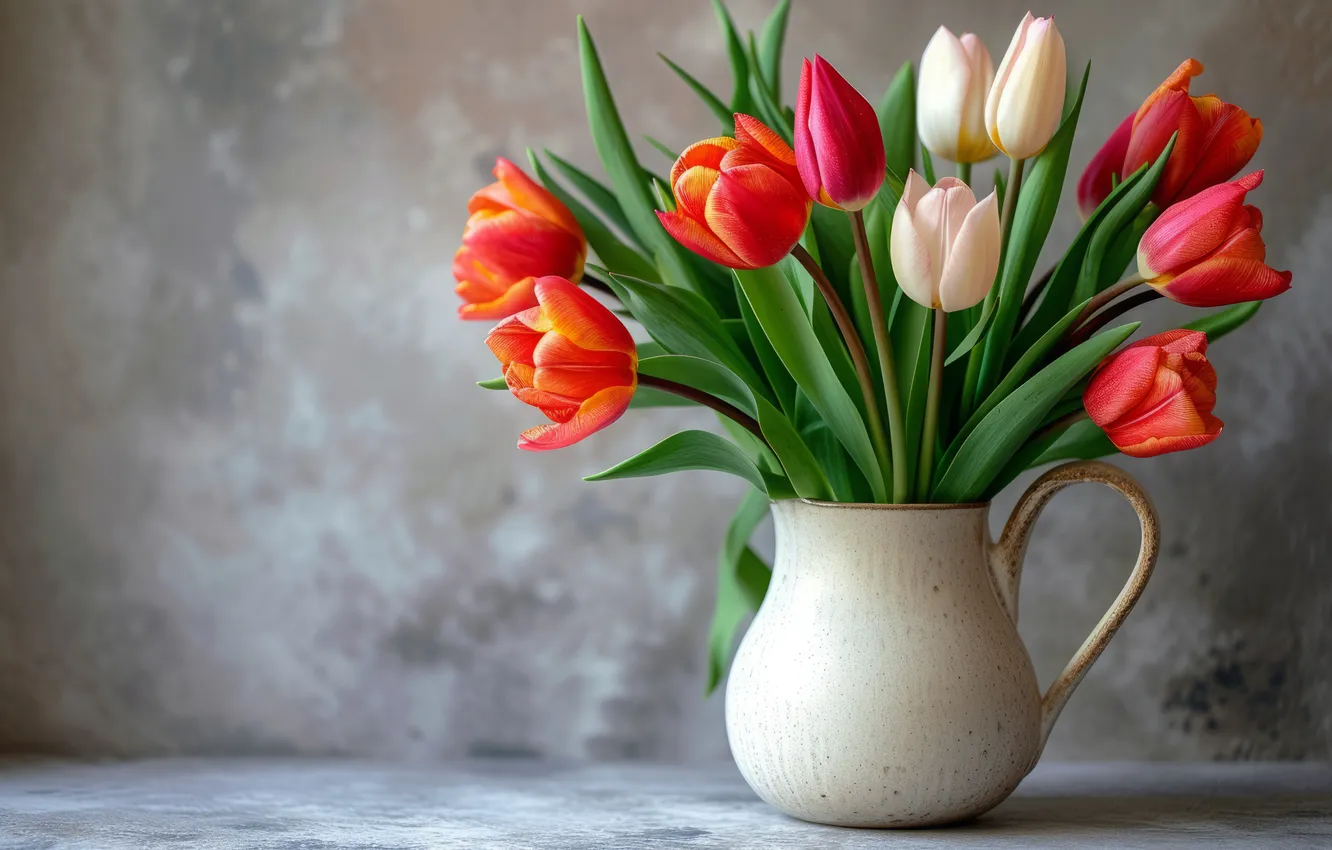 Фото обои праздник, букет, весна, тюльпаны, кувшин, ИИ-арт, нейросеть