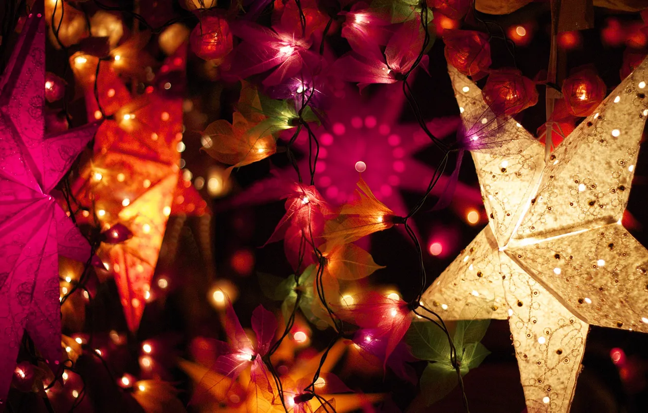 Фото обои зима, украшения, огни, звезда, Новый Год, Рождество, декорации, гирлянда
