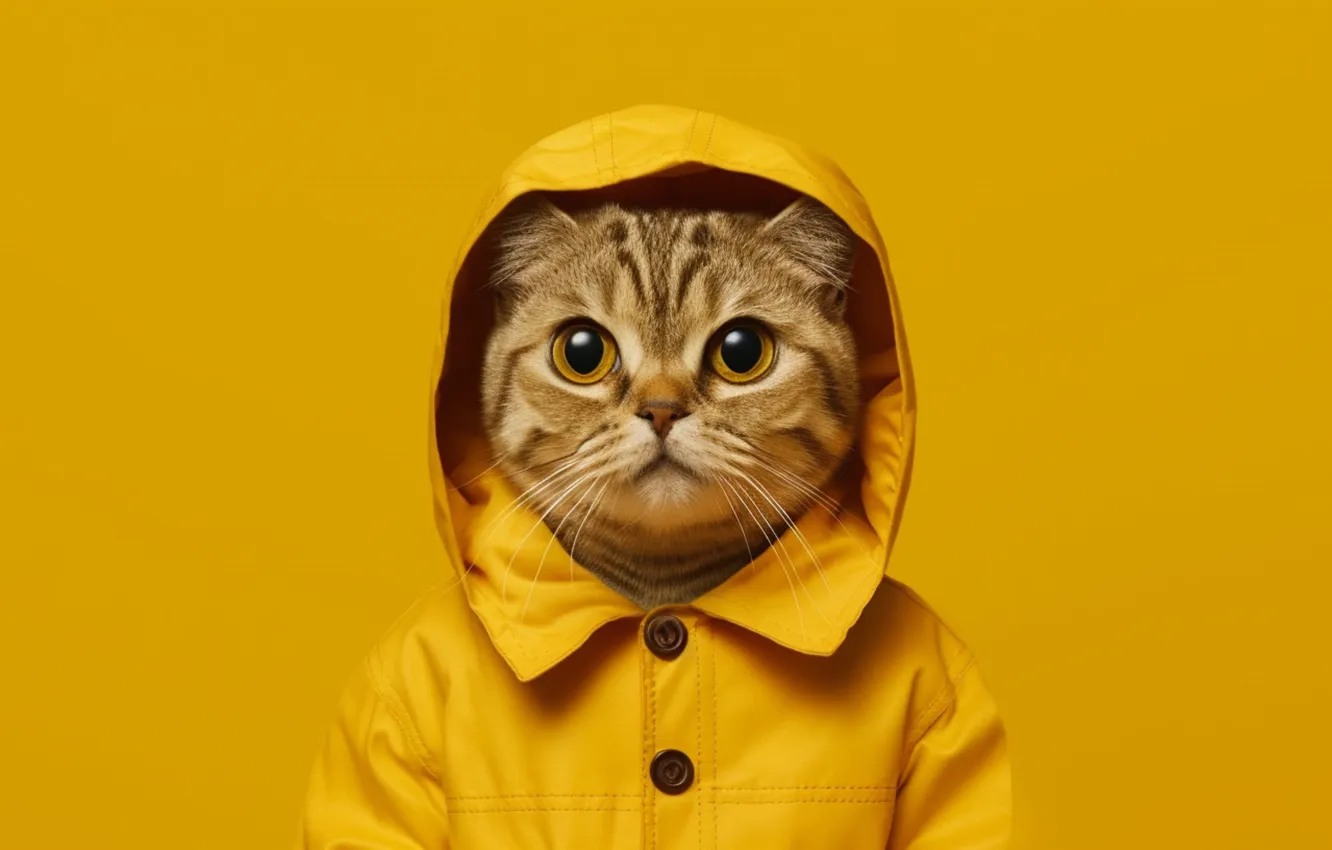 Фото обои кошка, кот, взгляд, желтый, серый, портрет, капюшон, пуговицы