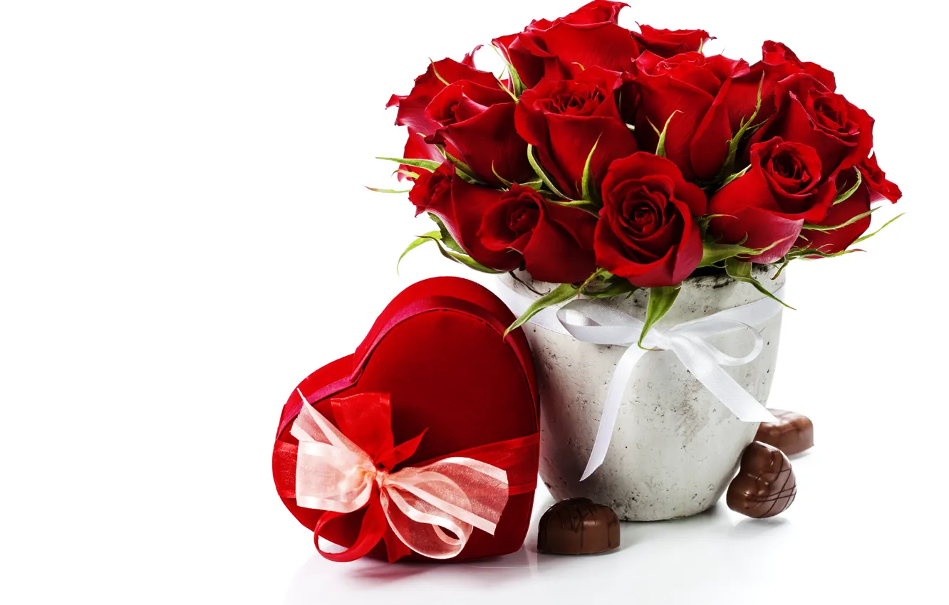 Фото обои цветы, фото, сердце, розы, конфеты, подарки, бантик, праздники
