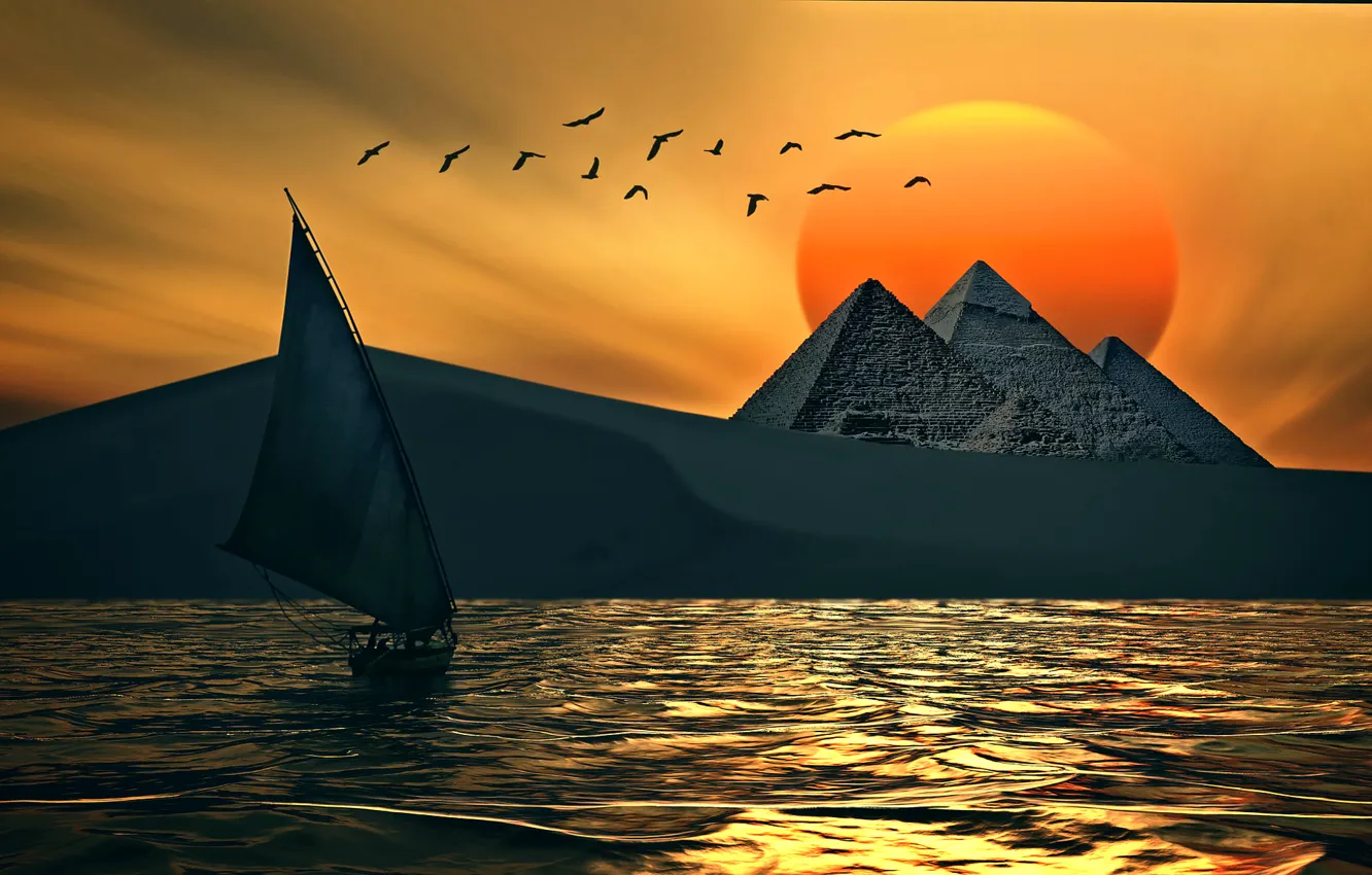 Фото обои солнце, птицы, парусник, пирамиды, digital art work, PYRAMIDS MAGIC