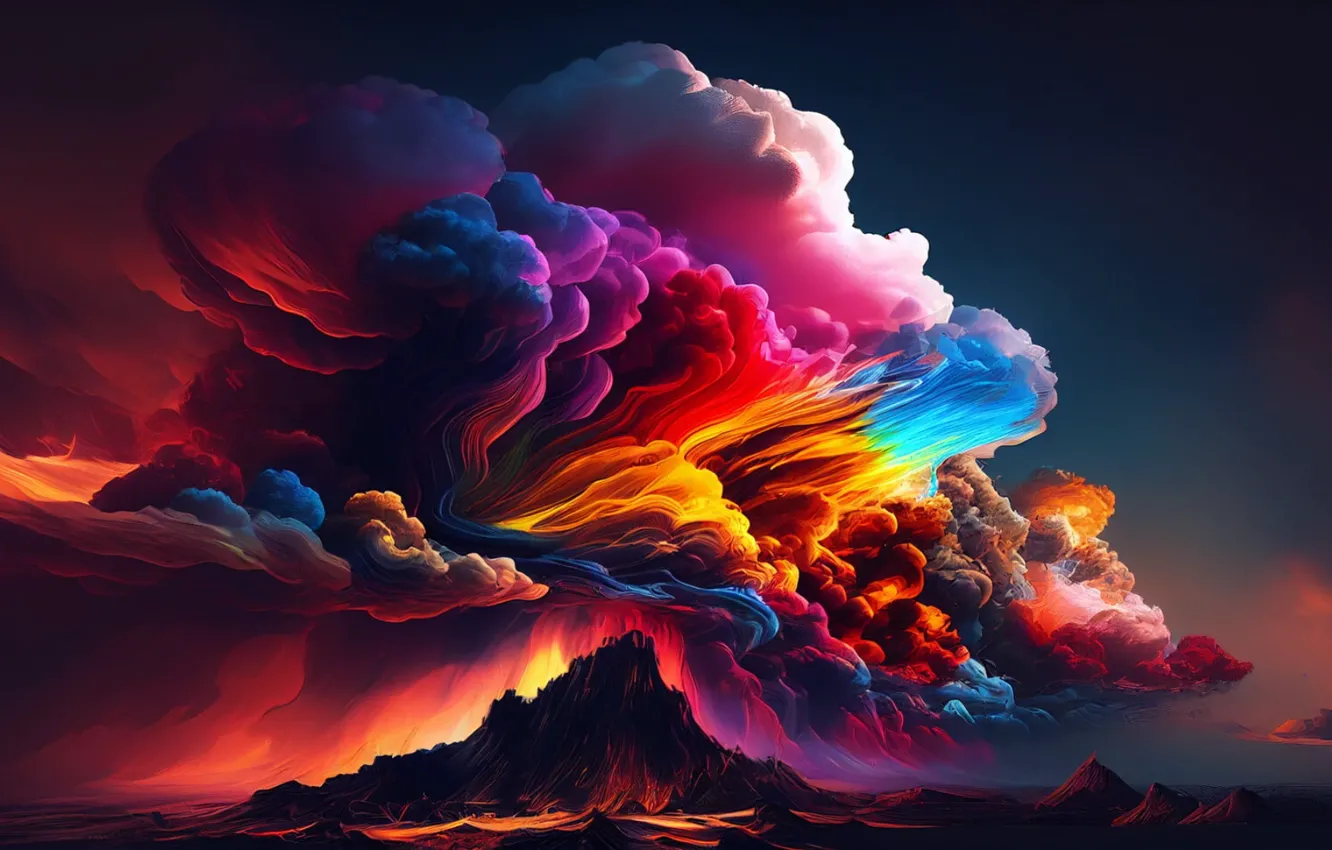 Фото обои облака, горы, горизонт, извержение, разноцветный, mountains, clouds, digital art