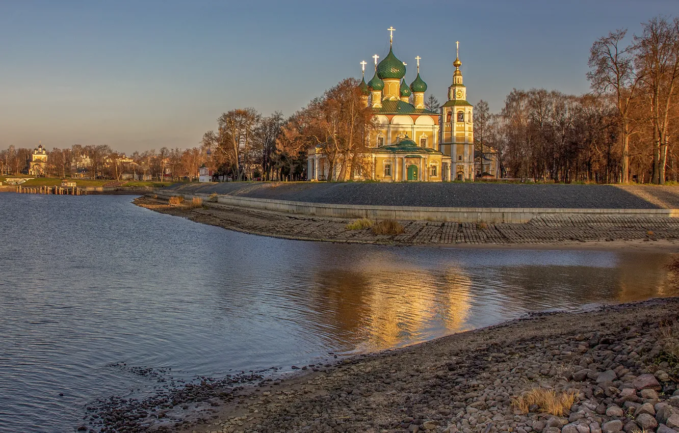 Фото обои пейзаж, природа, город, река, церковь, берега, Волга, Углич