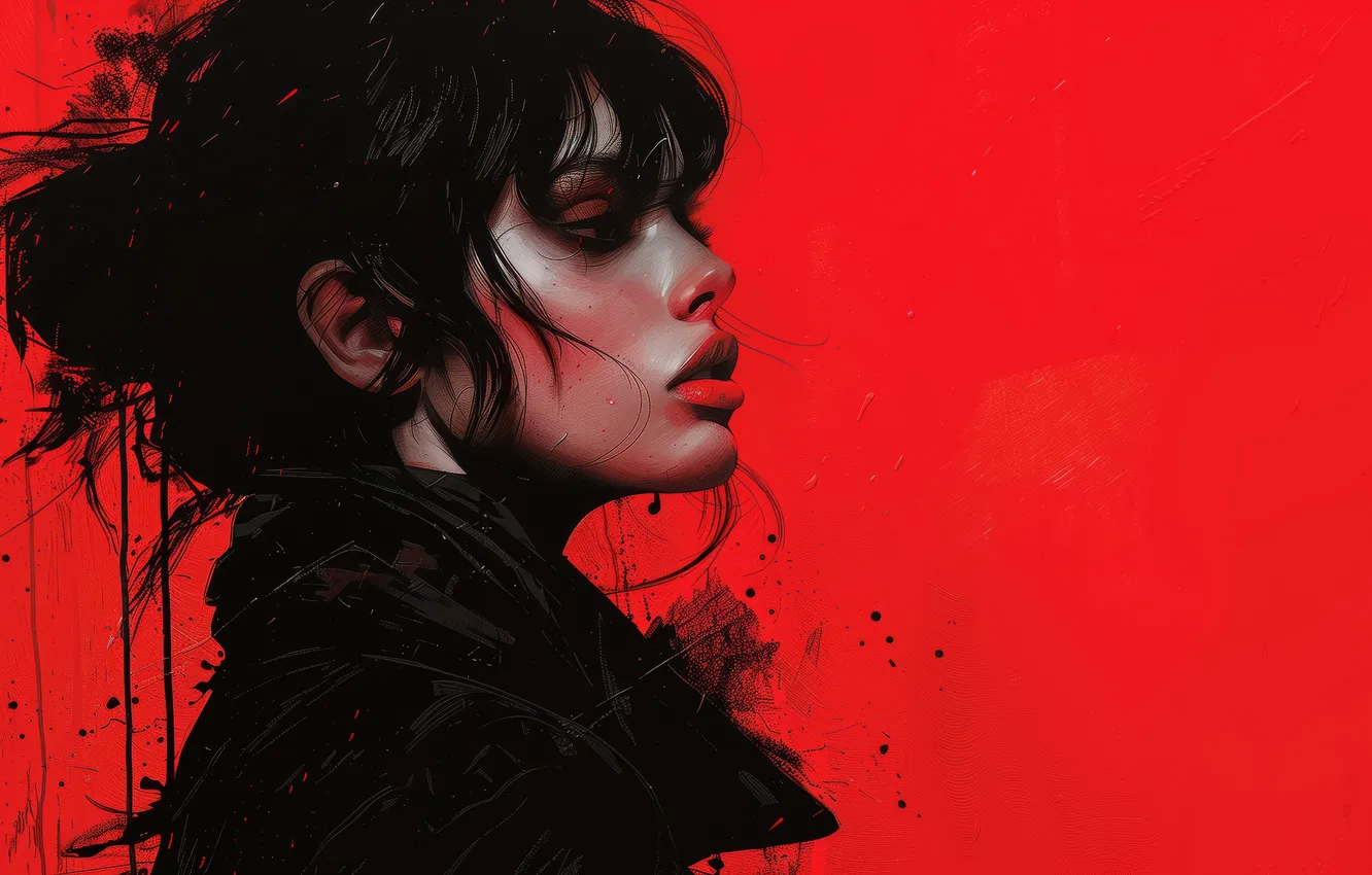 Фото обои red, women, painting, black hair, illustration, AI art