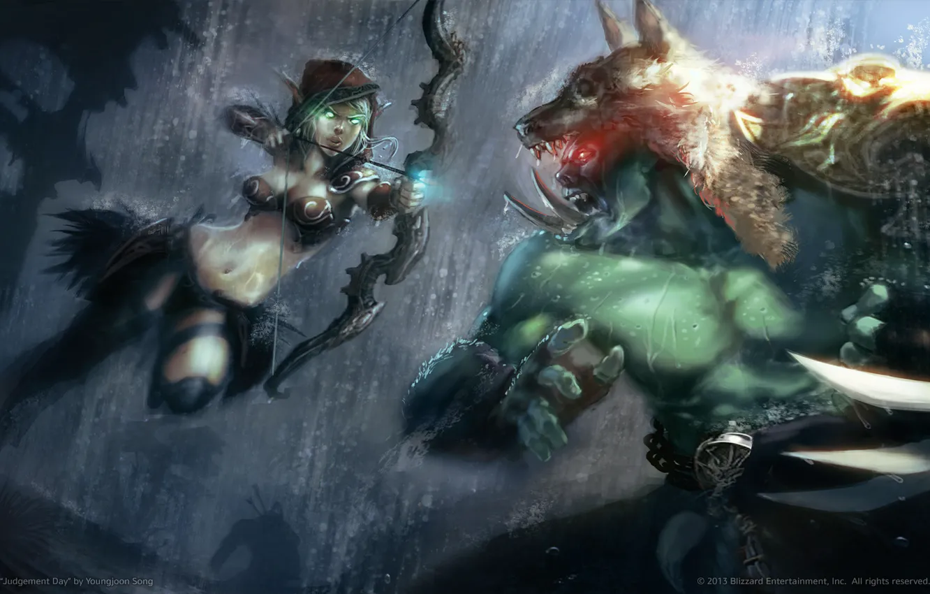 Фото обои дождь, арт, World of Warcraft, орк, эльфийка крови