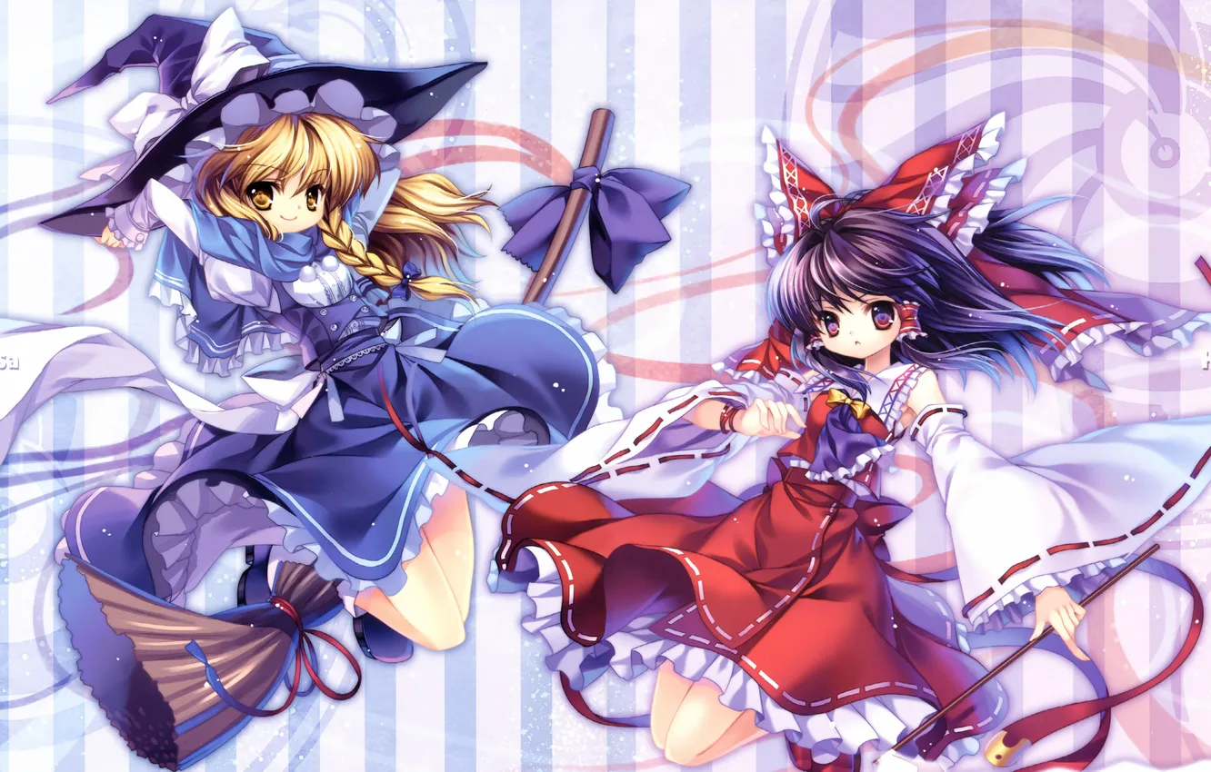 Фото обои девочки, шляпа, арт, ведьма, метла, бант, touhou, kirisame marisa