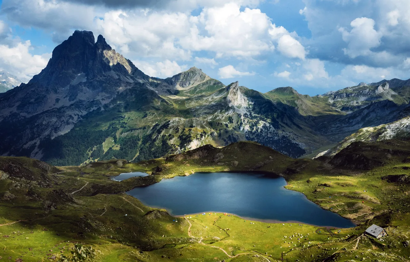 Фото обои облака, горы, простор, горное озеро, красота природы, живописный пейзаж, French Pyrenees, Французские Пиренеи