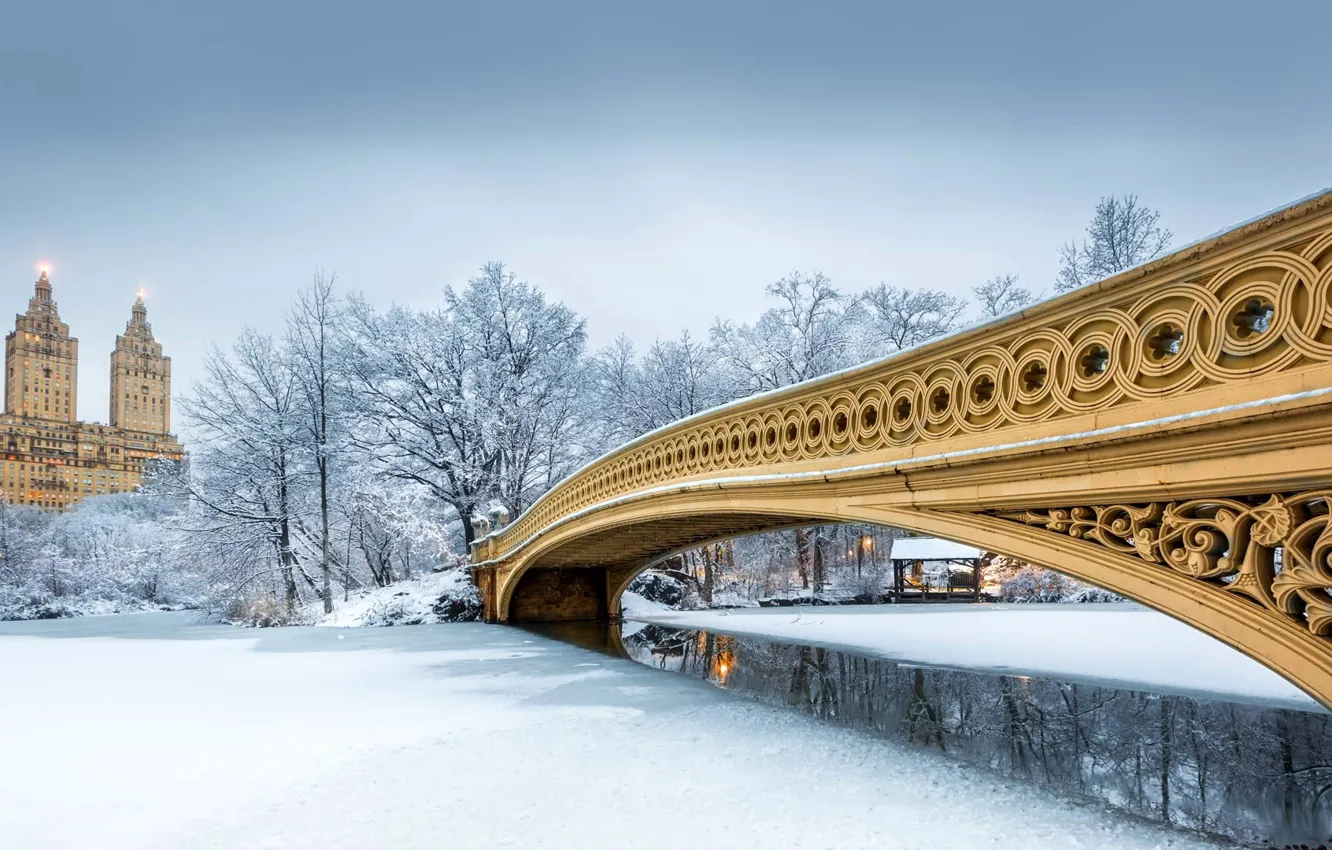 Фото обои зима, снег, Нью-Йорк, США, Центральный парк, мост Боу