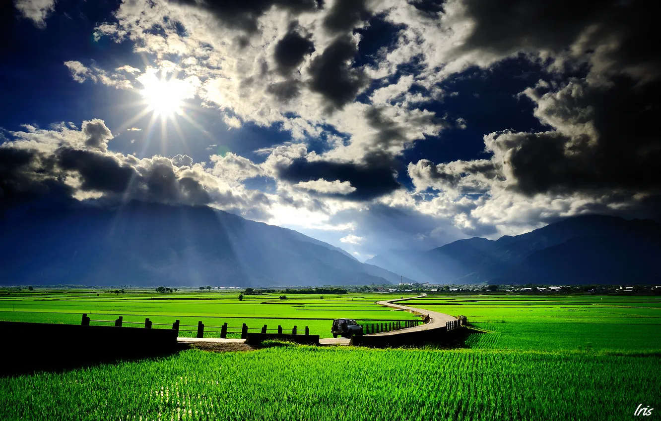 Фото обои дорога, зелень, поле, машина, трава, солнце, облака, холмы
