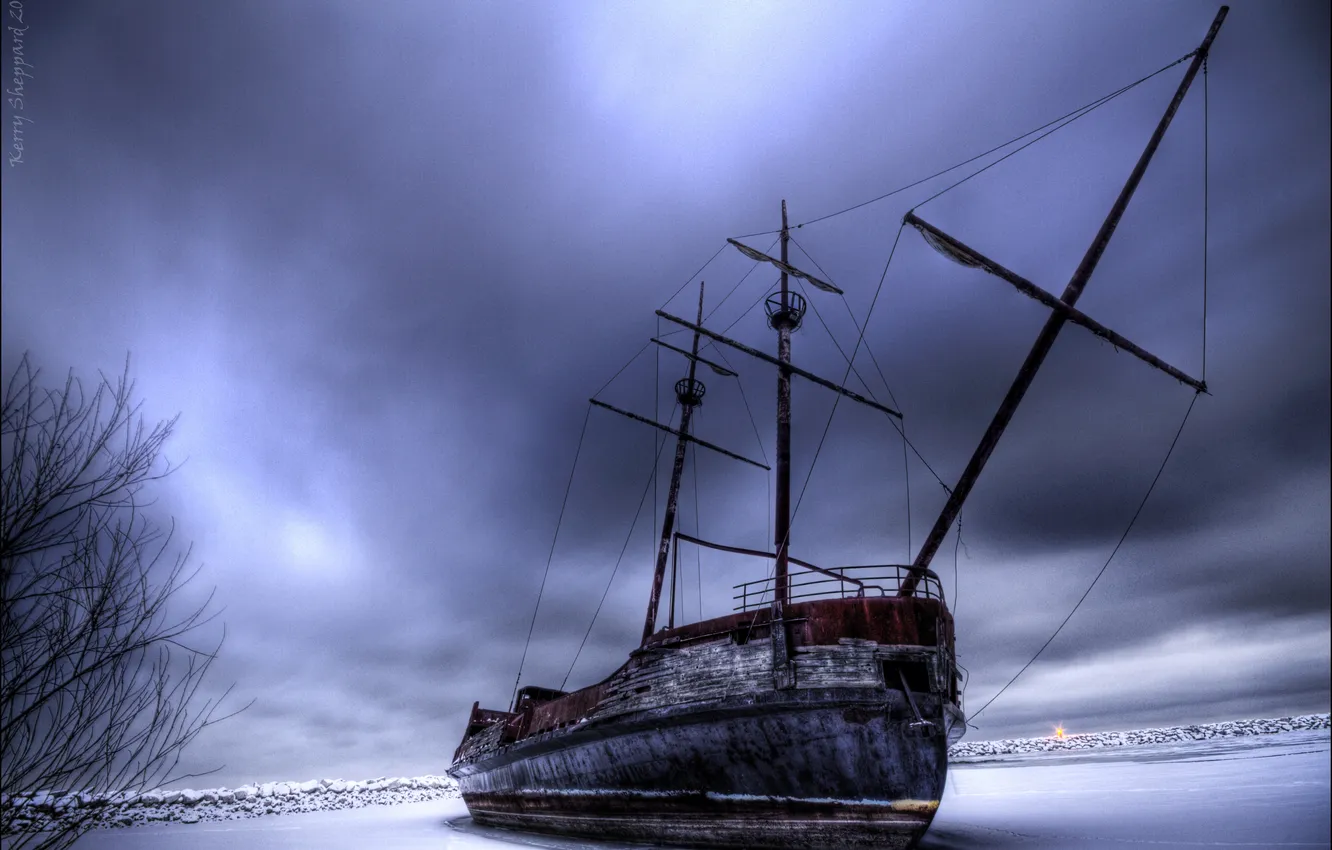 Фото обои зима, корабль, лёд