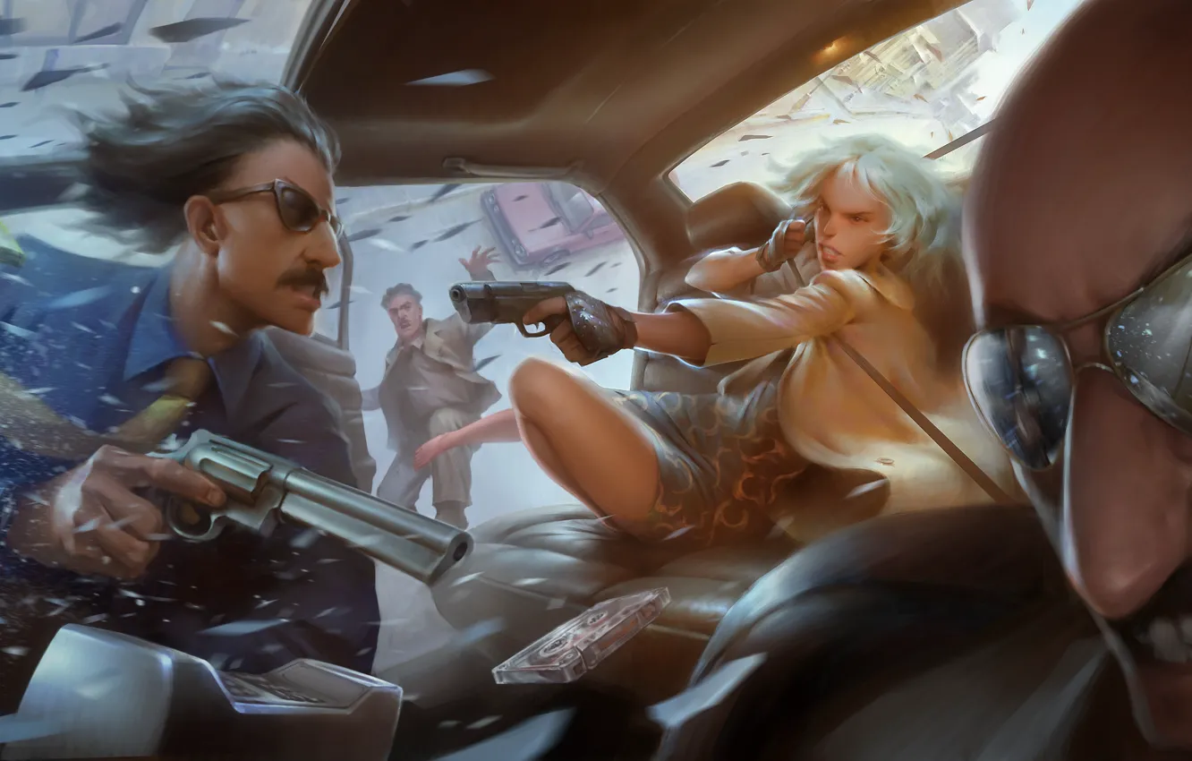 Фото обои девушка, пистолет, Charlize Theron, арт, очки, бандиты, банда, убийца