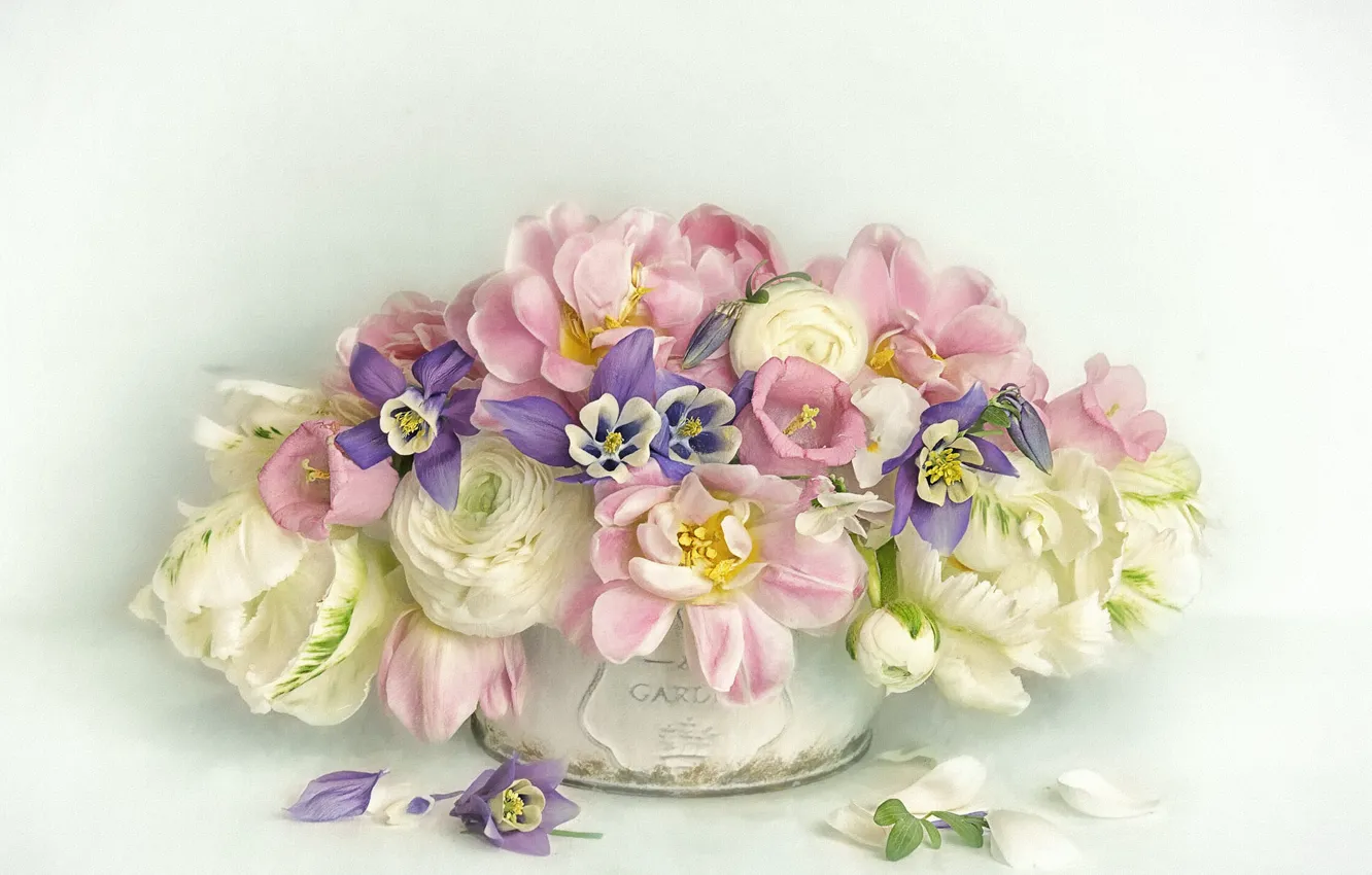 Фото обои цветы, букет, лепестки, арт, тюльпаны, горшок, розовые, белые