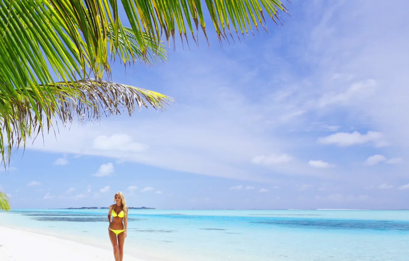Фото обои песок, море, пляж, купальник, небо, девушка, пальма, блондинка