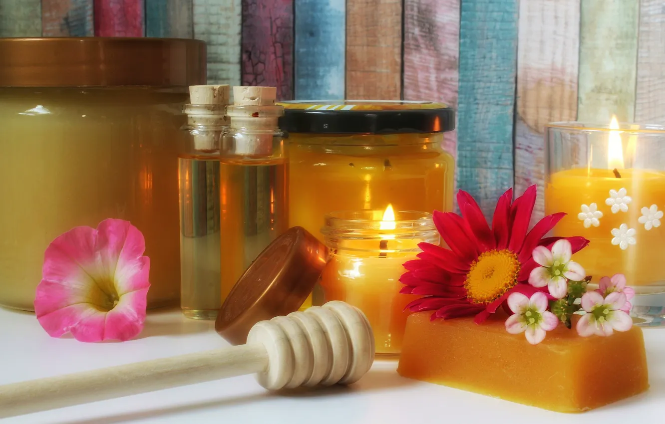 Фото обои цветы, свечи, мыло, мед, Спа