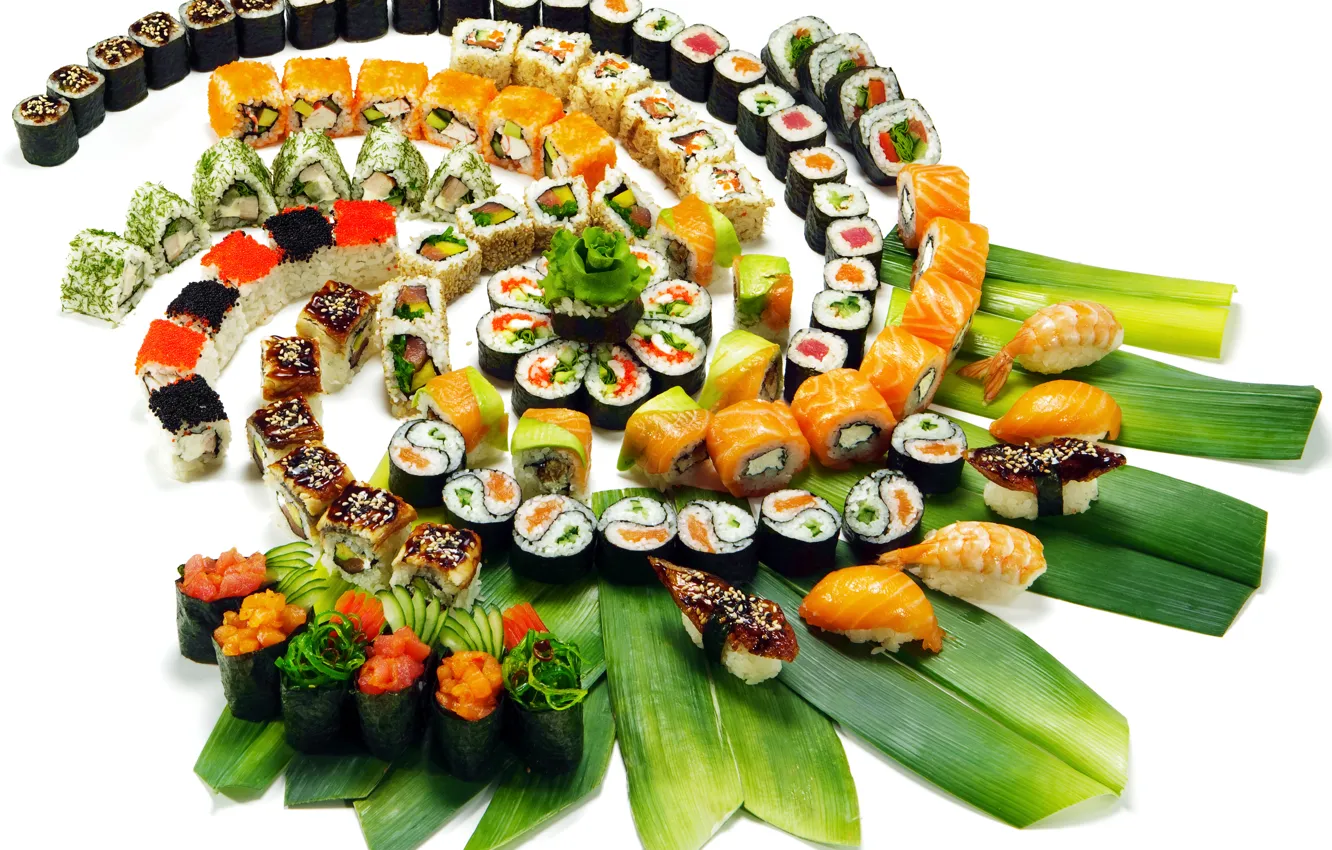 Фото обои зелень, листья, украшения, Japan, рис, ломтики, суши, нарезка