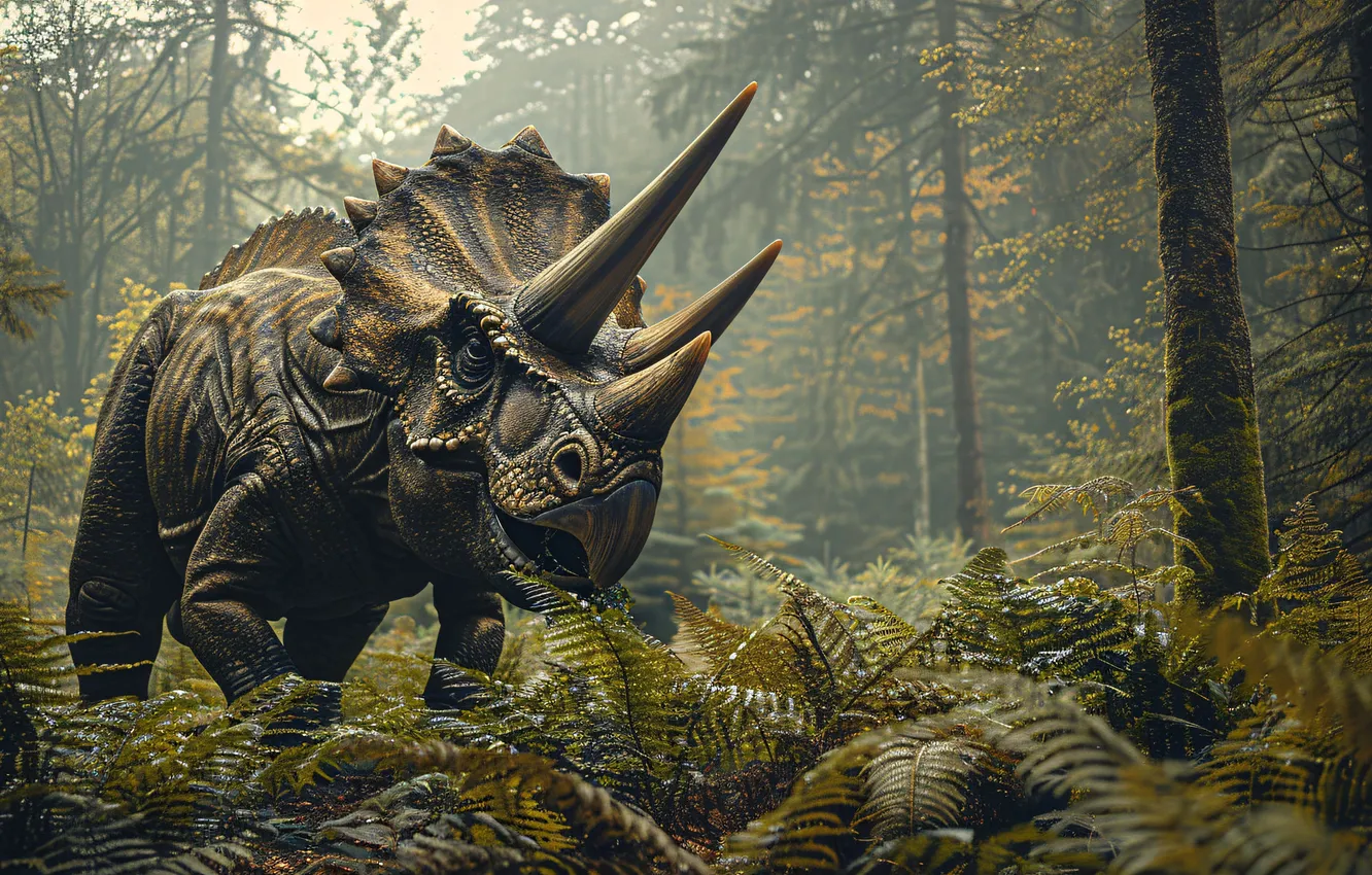Фото обои Деревья, Динозавр, Рога, Животные, Triceratops, Цифровое искусство, Трицератопс, Доисторические