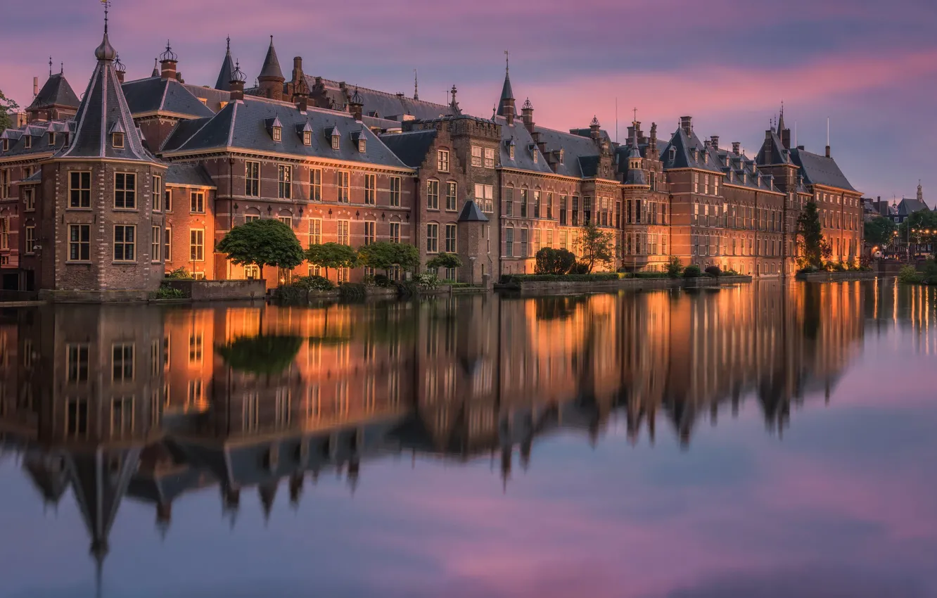 Фото обои река, здание, вечер, Нидерланды, Голландия, Гаага, Бинненхоф