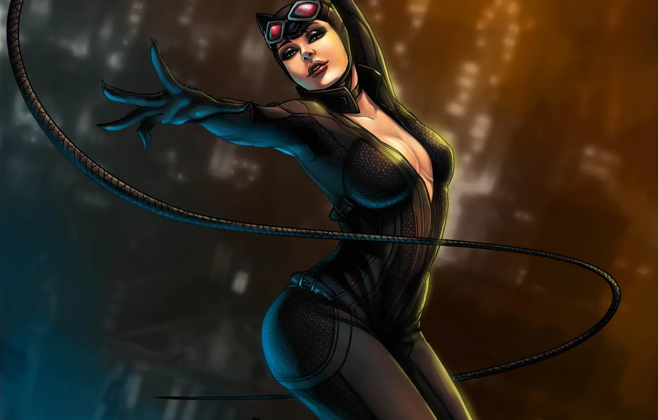 Фото обои грудь, взгляд, девушка, город, костюм, art, хлыст, Catwoman