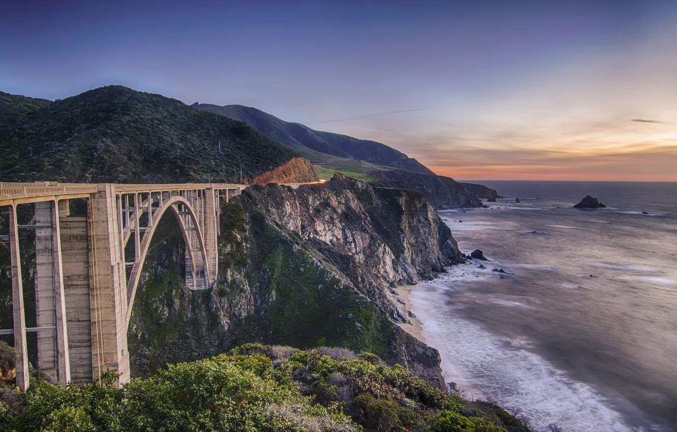 Фото обои пляж, горы, мост, вид, California, Bixby Bridge, USА, Notleys Landing