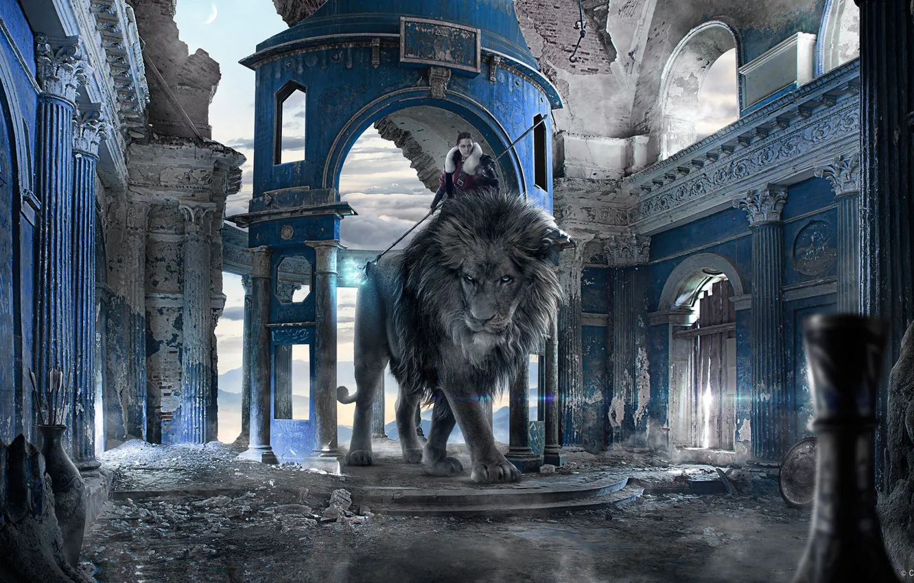 Фото обои девушка, лев, руины, fantasy, carles marsal