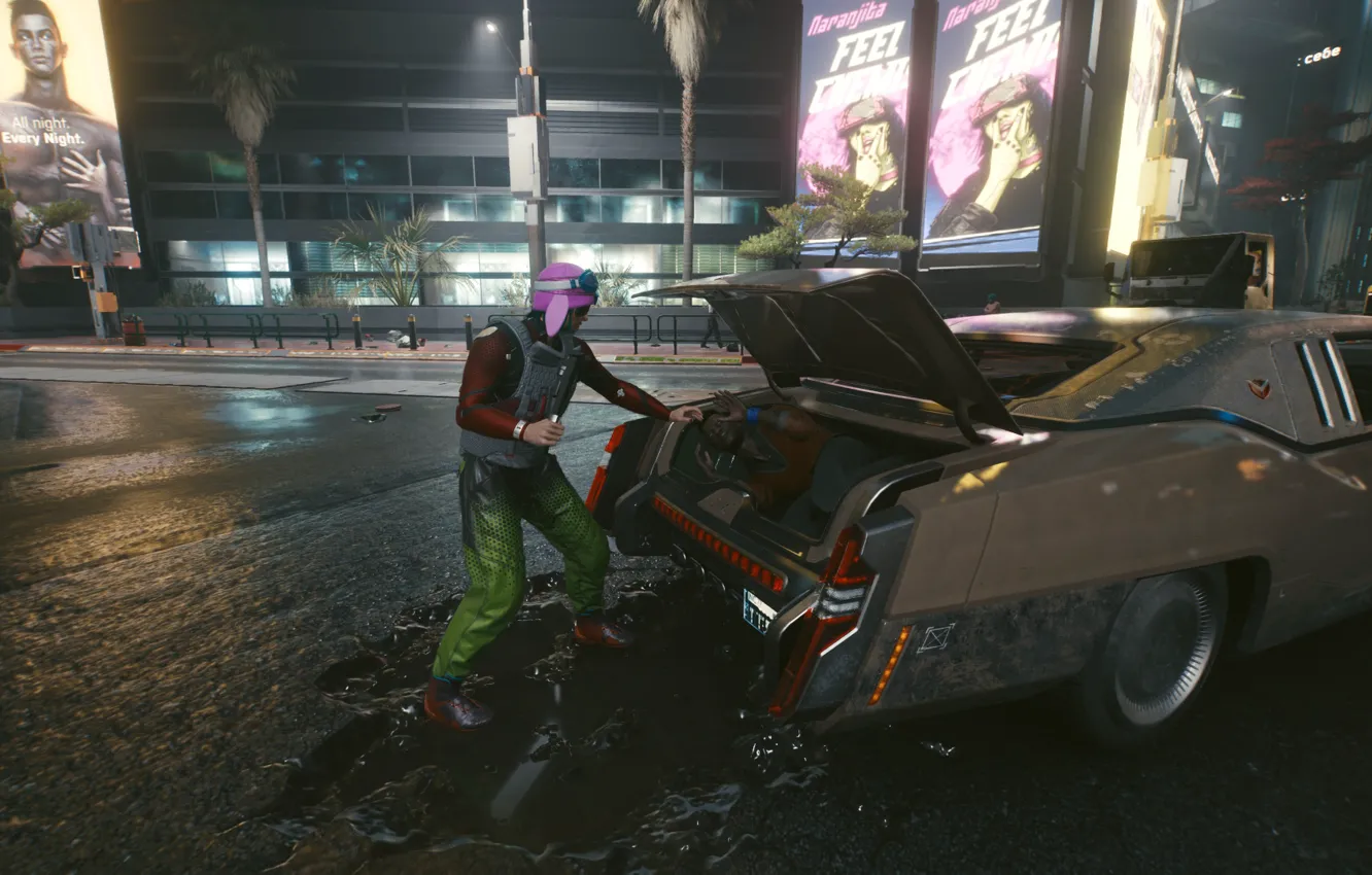 Фото обои Ночной город, Багажник, Cyberpunk 2077, Преступление, Киберпанк 2077, Night city 2077