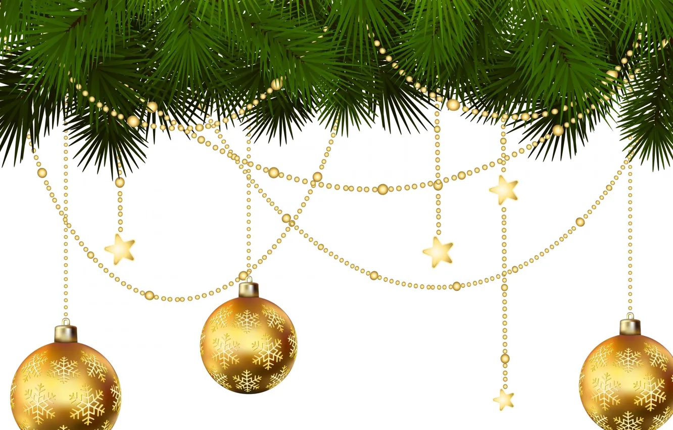 Фото обои ветки, шары, гирлянда