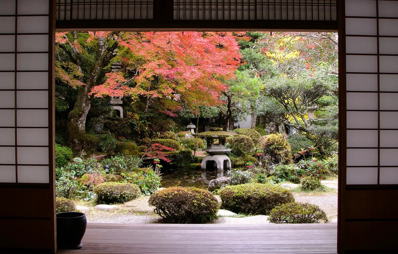 Фото обои осень, пруд, сад, Japan, кусты