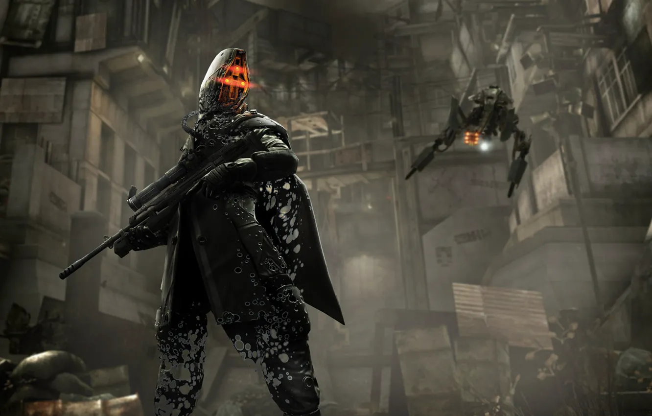 Фото обои оружие, робот, солдат, дыры, Killzone 2