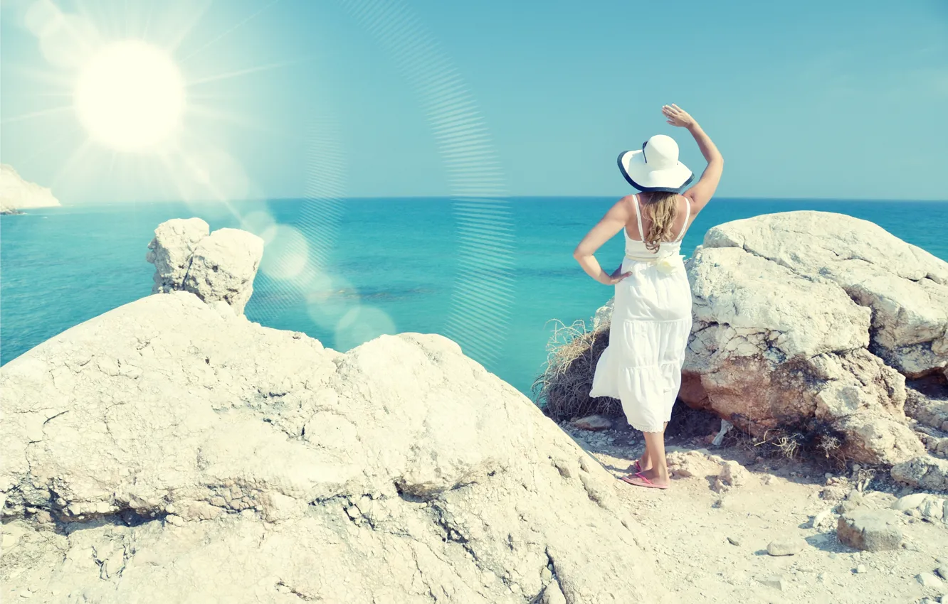 Фото обои море, пляж, лето, девушка, солнце, отдых, шляпа, summer