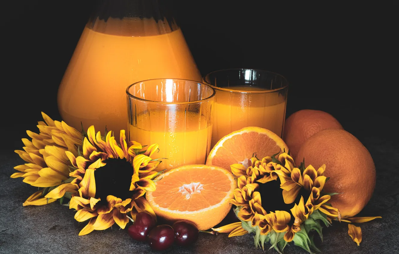 Фото обои подсолнухи, апельсины, сок