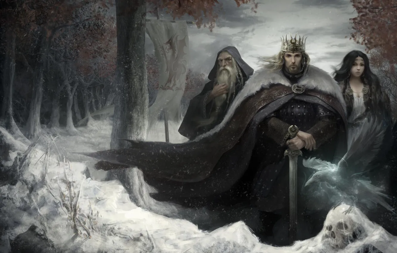 Фото обои зима, взгляд, снег, оружие, фантастика, меч, корона, арт