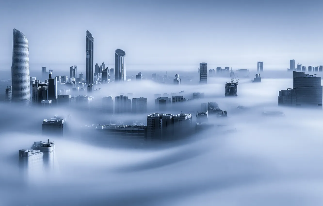 Фото обои город, туман, утро, Дубай, небоскрёбы, ОАЭ, Dubai Marina