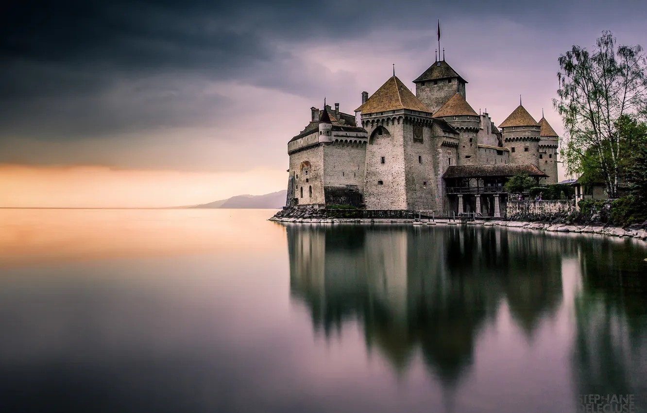 Фото обои озеро, замок, Швейцария, Шильйон, Женевское