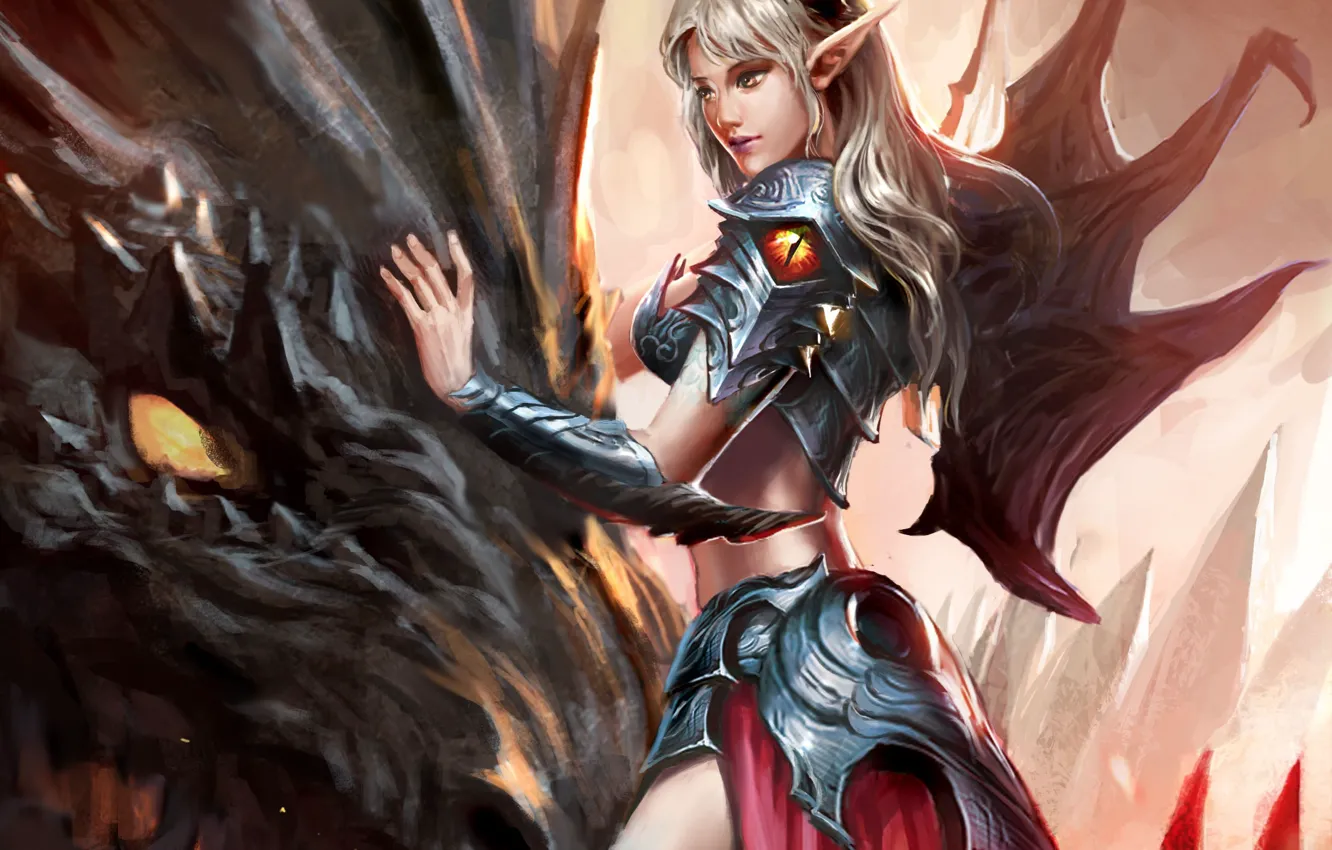Фото обои girl, fantasy, horns, armor, wings, dragon, artwork, fantasy art