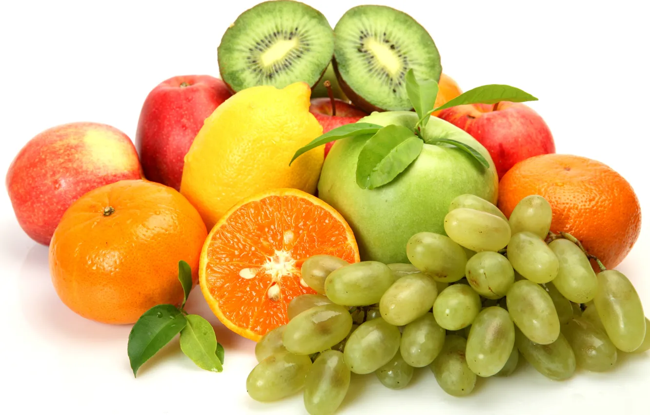 Фото обои ягоды, лимон, яблоки, киви, виноград, фрукты, цитрусы, мандарины