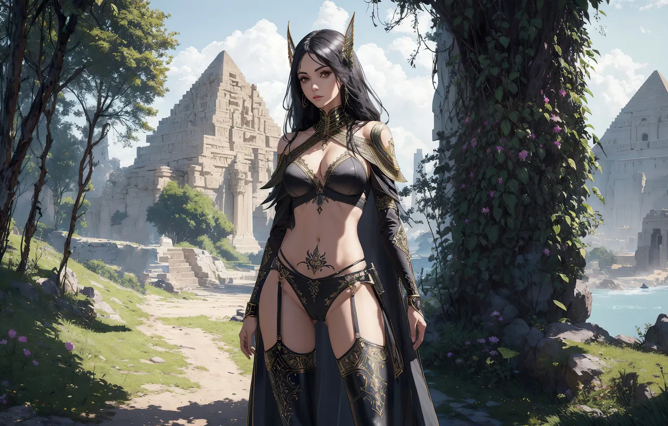 Фото обои girl, fantasy, nature, anime, art, painting, fantasy art, pyramids