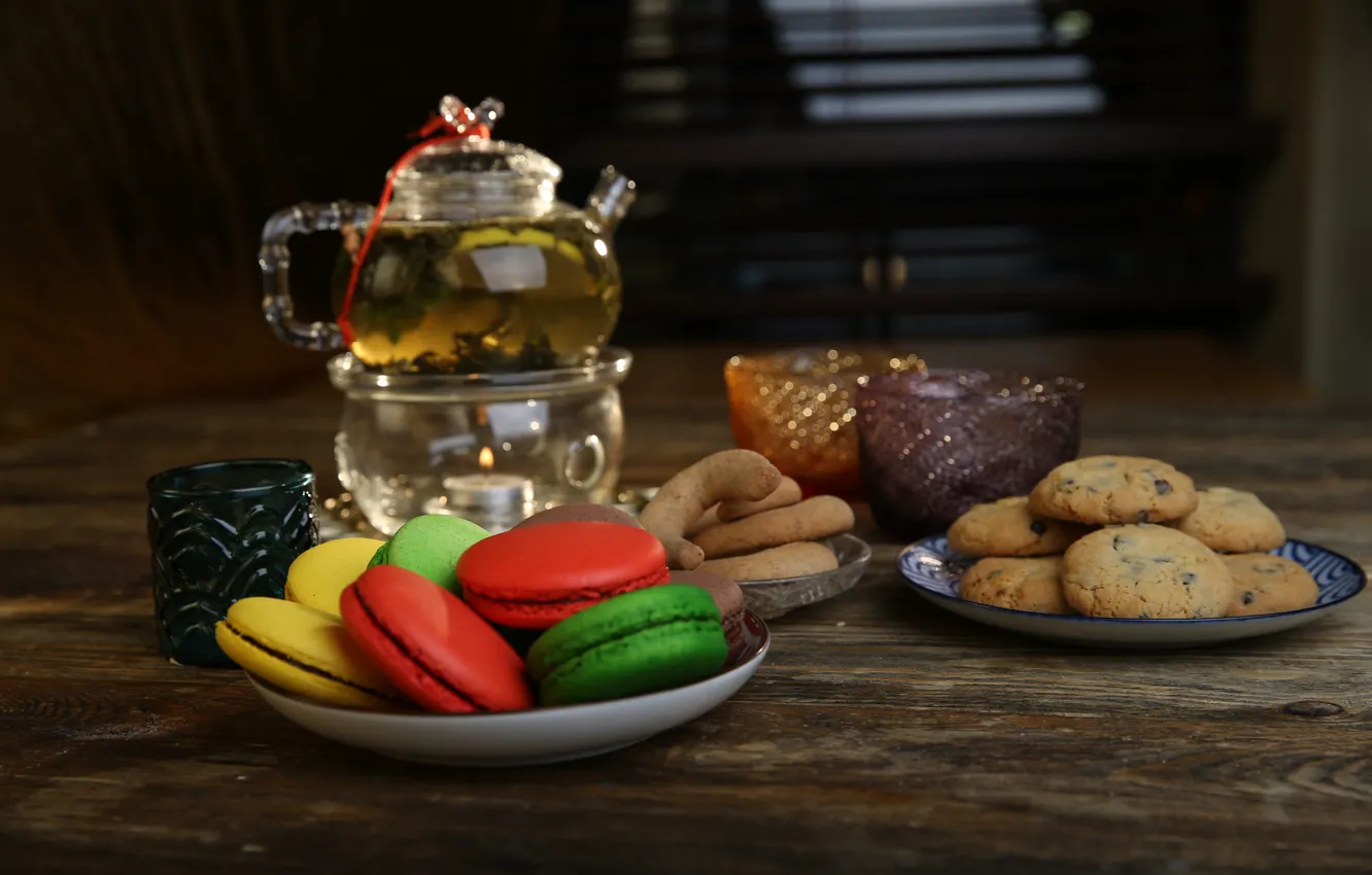 Фото обои чай, печенье, сладости, выпечка, макаруны