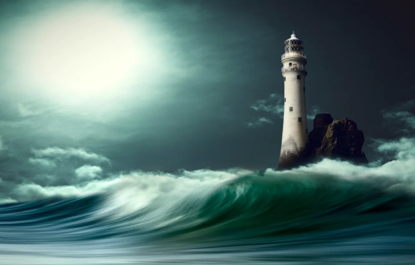 Фото обои море, облака, свет, ночь, графика, волна, маяк, digital art